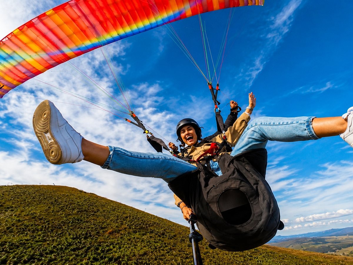 Passageira decolando em voo duplo de parapente com instrutor da Be Free'Fly